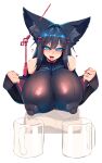  1girl animal_ear_fluff animal_ears black_hair blue_eyes breasts covered_nipples cup drinking_glass ear_piercing fox_ears fox_girl hair_ornament hairclip highres huge_breasts japanese_clothes jewelry kiri_(sub-res) notched_ear original piercing ring sidelocks solo sub-res upper_body wedding_band 
