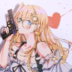  1girl alternate_hair_length alternate_hairstyle blonde_hair blue_eyes breasts collarbone earrings glasses gun hair_ornament handgun heart heart_earrings holding holding_gun holding_weapon hololive hololive_english jewelry long_hair medium_breasts monocle_hair_ornament off-shoulder_shirt off_shoulder pistol portrait round_eyewear set7 shirt short_sidetail solo suspenders virtual_youtuber watson_amelia weapon white_shirt 