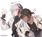  !? 2boys arknights black_gloves black_hair black_shirt coat collarbone dark-skinned_male dark_skin ear_clip earrings elysium_(arknights) eyebrows_visible_through_hair fingerless_gloves gloves grey_coat grey_eyes grin hand_on_another&#039;s_shoulder highres jewelry kyou_039 looking_at_viewer male_focus motion_lines multicolored_hair multiple_boys necklace open_clothes open_coat orange_eyes parted_lips red_hair shirt short_hair short_ponytail simple_background smile spoken_interrobang streaked_hair sweatdrop thorns_(arknights) twitter_username upper_body waving white_background white_gloves white_hair 
