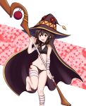  1girl :d absurdres bandaged_arm bandaged_leg bandages bikini black_bikini black_cape black_headwear blush bow bow_bikini brown_hair cape foot_up frilled_bikini frills hat highres holding holding_staff kono_subarashii_sekai_ni_shukufuku_wo! looking_at_viewer megumin open_mouth pegasus_arts red_background red_bow red_eyes short_hair short_hair_with_long_locks sidelocks smile staff standing standing_on_one_leg swimsuit white_background witch_hat 