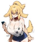  1girl animal_collar animal_ears blonde_hair blue_eyes bone_hair_ornament borrowed_character breasts cardigan cardigan_pull cellphone cleavage collar dog_ears dog_girl dog_tail eyebrows_visible_through_hair glasses hair_between_eyes hair_ornament high_ponytail highres large_breasts open_cardigan open_clothes original paw_print paw_print_pattern phone short_eyebrows short_hair short_shorts shorts solo tail tail_wagging tank_top terupancake twitter_username white_background white_tank_top 