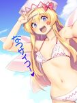  1girl bikini blonde_hair blue_eyes blush breasts cloud collarbone commentary_request dutch_angle eyebrows_visible_through_hair eyelashes facial_mark fairy fairy_wings frilled_bracelet heart heart-shaped_pupils highres lily_white long_hair navel open_mouth small_breasts stomach swimsuit symbol-shaped_pupils tarmo touhou translation_request v white_bikini white_headwear wings 