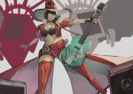  1girl absurdres belt black_hair boots electric_guitar guilty_gear guilty_gear_strive guitar hat highres i-no instrument jacket midriff red_jacket red_legwear short_hair subakeye sunglasses thigh_boots thighhighs venus_symbol very_short_hair witch_hat 