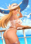  1girl :d arm_up artist_name ass bangs bare_shoulders bikini bird blonde_hair blue_sky breasts brown_headwear cloud cowboy_shot crop_top crop_top_overhang day elf flower hat hat_flower highres hololive horizon large_breasts lily_(flower) looking_at_viewer looking_back multicolored_hair o-ring o-ring_bikini ocean open_mouth pointy_ears railing red_eyes see-through shiranui_flare sideboob skindentation sky smile strap_gap straw_hat streaked_hair sun_hat swimsuit thigh_strap tsukizaki_shizuka two-tone_hair virtual_youtuber white_bikini white_flower white_hair 