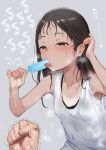  1boy 1girl absurdres anger_vein black_eyes black_hair blush breasts commentary food grey_background highres ie_(raarami) licking long_hair looking_at_viewer original popsicle pov saliva sexually_suggestive simple_background small_breasts sweat tan tank_top translated 
