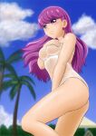  1girl bangs blue_sky blurry blurry_background blush closed_mouth cloud covering covering_crotch covering_one_breast day earrings embarrassed eyelashes floating_hair fuchi_(nightmare) jewelry kirakira_precure_a_la_mode kotozume_yukari long_hair one-piece_swimsuit outdoors palm_tree precure purple_eyes purple_hair see-through shiny shiny_hair sky solo standing summer swimsuit tree very_long_hair wet wet_clothes wet_swimsuit white_swimsuit 
