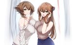  2girls adjusting_hair asymmetrical_docking blush breast_press breasts brown_hair casual cleavage collarbone commission crossover girls&#039;_frontline green_eyes headband heart_lock_(kantai_collection) highres jewelry kantai_collection large_breasts long_hair long_sleeves looking_at_viewer multiple_girls mutsu_(kancolle) necklace off_shoulder open_mouth purple_skirt ring short_hair short_sleeves skeb_commission skirt smile springfield_(girls&#039;_frontline) sweater sweater_vest upper_body utsumi_karmin wedding_band 