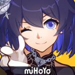  1girl bang_(gesture) bangs bare_shoulders blue_eyes blue_hair close-up closed_mouth company_name finger_gun hair_between_eyes hair_ornament honkai_(series) honkai_impact_3rd index_finger_raised nalukikiki one_eye_closed parody pointing pointing_at_viewer portrait seele_vollerei seele_vollerei_(stygian_nymph) short_hair simple_background smile solo yellow_background 