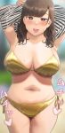  1girl armpits arms_up bangs beach belly bikini blunt_bangs blurry blurry_background blush breasts brown_eyes brown_hair commentary_request cowboy_shot eyebrows_visible_through_hair gold_bikini gold_swimsuit happy head_tilt heart highres large_breasts looking_at_viewer metallic_bikini mole mole_on_breast mole_on_thigh navel open_mouth original outdoors parted_bangs plump ryokucha_michi shiny shiny_clothes shiny_hair shiny_swimsuit shirt_removed smile solo stomach string_bikini string_tie sweatdrop swimsuit thighs wavy_hair wet yellow_bikini 