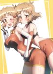  2girls bike_shorts blonde_hair blush bodysuit dual_persona elbow_gloves gloves highres messy_hair multiple_girls one_eye_closed open_mouth orange_eyes pout pouty_lips senki_zesshou_symphogear senki_zesshou_symphogear_xd_unlimited shiny shiny_hair smile tachibana_hibiki_(symphogear) v white_gloves yukitsuba_hina 