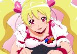  1girl :d blonde_hair blush bow breast_press breasts bulge choker collarbone cure_peach earrings erection erection_under_clothes eyebrows_visible_through_hair eyelashes fresh_precure! from_above fuchi_(nightmare) hair_between_eyes hair_ornament heart heart_earrings heart_hair_ornament jewelry long_hair looking_at_viewer looking_up medium_breasts momozono_love open_mouth pink_background precure red_bow red_choker red_eyes shiny shiny_hair shirt short_sleeves smile solo_focus sweatdrop twintails upper_body very_long_hair white_shirt 