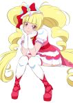  1girl absurdly_long_hair aisaki_emiru bangs blonde_hair blunt_bangs boots bow closed_mouth cure_macherie dress elbow_gloves elbows_on_knees eyebrows_visible_through_hair eyelashes frilled_legwear fuchi_(nightmare) full_body gloves hair_bow head_rest highres hugtto!_precure invisible_chair layered_dress leaning_forward long_hair looking_at_viewer precure red_bow red_dress red_eyes red_footwear red_lips shiny shiny_hair short_dress short_sleeves simple_background sitting smile solo thighhighs twintails very_long_hair white_background white_dress white_gloves white_legwear white_sleeves zettai_ryouiki 