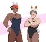  2boys animal_ears biceps black_hair black_leotard blush bow bowtie bulge bunny_day closed_eyes closed_mouth collarbone commentary covered_abs cowboy_shot crossed_arms dark-skinned_male dark_skin detached_collar earrings fake_animal_ears flying_sweatdrops frown green_eyes grey_hair hands_on_hips highres jewelry kabu_(pokemon) leotard male_focus male_playboy_bunny multicolored_hair multiple_boys muscular muscular_male one_eye_closed orange_headwear orange_neckwear pantyhose pectorals pokemon pokemon_(game) pokemon_ears pokemon_swsh rabbit_ears rabbit_tail raihan_(pokemon) red_neckwear saturday_(hokawazu) short_hair smile sweatdrop tail two-tone_hair undercut wrist_cuffs 