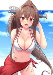  1girl :d akahi242 arm_behind_back arm_behind_head bare_shoulders bikini blue_sky blush breasts brown_hair cleavage cloud collarbone commentary_request flower hair_flower hair_ornament highres kantai_collection large_breasts leaning_forward long_hair navel open_mouth ponytail red_eyes red_sarong sarong side-tie_bikini sky smile solo swimsuit very_long_hair white_bikini yamato_(kancolle) 