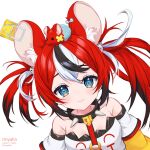  1girl animal_ear_fluff animal_ears bare_shoulders black_collar black_hair blue_eyes blush cheese collar dice_hair_ornament food hair_ornament hakos_baelz highres hololive hololive_english instagram_username looking_at_viewer mouse mouse_ears mouse_girl mousetrap mr._squeaks_(hakos_baelz) multicolored_hair off-shoulder_shirt off_shoulder red_hair ri_nyahn shirt smile spiked_collar spikes twintails twitter_username white_hair white_shirt 