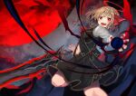  1girl bangs black_dress black_vest blonde_hair bright_pupils dress ex-rumia hair_ribbon halo highres holding holding_sword holding_weapon long_sleeves looking_at_viewer mamemochi navel open_mouth red_eyes red_nails red_ribbon ribbon rumia sharp_teeth shirt short_hair solo sword teeth touhou vest weapon white_pupils white_shirt 