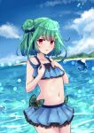  1girl :d bangs beach blue_sky blue_swimsuit blunt_bangs bow breasts cloud cloudy_sky collarbone commentary_request double_bun eyebrows_visible_through_hair frilled_skirt frills green_hair hair_bow hair_ribbon hololive horizon looking_at_viewer m_ko_(maxft2) midriff navel ocean open_mouth pleated_skirt red_eyes ribbon short_hair sidelocks skirt sky small_breasts smile solo swimsuit thighs uruha_rushia virtual_youtuber water_drop wet wet_clothes wet_swimsuit 