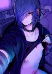  1boy 2n5 bedroom choker earrings elbow_gloves gloves hair_over_one_eye jewelry lifted_by_self looking_at_viewer male_focus messy_hair navel necklace nipples original otoko_no_ko purple_hair purple_theme selfie solo yellow_eyes 