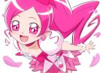  1girl :d bangs blush cherry_blossoms choker clover_earrings collarbone cowboy_shot cure_blossom earrings fuchi_(nightmare) hanasaki_tsubomi heartcatch_precure! jewelry layered_skirt leaning_forward long_hair miniskirt open_mouth parted_bangs pink_hair pink_skirt precure red_choker red_eyes shiny shiny_hair simple_background skirt smile solo standing very_long_hair white_background wrist_cuffs 