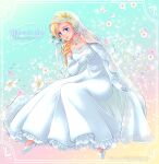  1girl bare_shoulders bianca_(dq5) blonde_hair blue_eyes blush braid breasts bridal_veil bride cape copyright_name dated defense_zero dragon_quest dragon_quest_v dress earrings elbow_gloves flower gloves hair_flower hair_ornament hair_over_shoulder jewelry long_hair single_braid smile solo veil wedding_dress white_dress white_gloves 