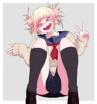  1girl :d bags_under_eyes bangs blonde_hair blue_sailor_collar blue_skirt blunt_bangs boku_no_hero_academia border cardigan collarbone double_bun fangs gradient_hair grey_background highres kneehighs knees_up looking_at_viewer messy_hair multicolored_hair okumari open_mouth plantar_flexion pleated_skirt red_neckwear sailor_collar school_uniform serafuku shoes skirt slit_pupils smile solo teeth toga_himiko two-tone_background v white_border yellow_eyes 