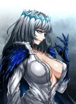  1girl blue_eyes breasts cloak collarbone collared_shirt crown eyebrows_visible_through_hair fate/grand_order fate_(series) from_side gauntlets genderswap genderswap_(mtf) grey_hair highres insect_wings large_breasts looking_at_viewer medium_hair oberon_(fate) parted_lips plunging_neckline shirt solo spoilers unbuttoned unbuttoned_shirt upper_body wings zantyarz 
