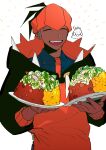  1boy :d absurdres apron black_hair black_hoodie closed_eyes collared_shirt curry dark-skinned_male dark_skin earrings food gen_6_pokemon goomy highres hironegaika holding holding_plate hood hoodie jewelry male_focus open_mouth orange_apron orange_headwear plate pokemon pokemon_(game) pokemon_swsh raihan_(pokemon) rice shirt short_hair smile tongue undercut upper_teeth white_background 