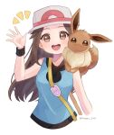  1girl :d black_wristband blue_shirt blush brown_eyes brown_hair bucket_hat commentary_request eevee eyelashes gen_1_pokemon hair_flaps hand_up hat highres leaf_(pokemon) long_hair notice_lines on_shoulder open_mouth pokemon pokemon_(creature) pokemon_(game) pokemon_frlg pokemon_on_shoulder shirt sleeveless sleeveless_shirt smile tnmaru_330 tongue twitter_username upper_teeth vs_seeker white_headwear wristband 