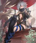  1girl armor asymmetrical_legwear belt black_gloves boots breasts brown_eyes center_opening commentary curtains dagger desk detached_sleeves eyepatch feet_out_of_frame fingerless_gloves gloves granblue_fantasy grey_hair holding holding_dagger holding_weapon indoors knife looking_at_viewer mismatched_legwear on_desk plant puffy_short_sleeves puffy_sleeves short_hair short_sleeves shoulder_armor sitting sitting_on_desk small_breasts solo taba_comya tanya_(granblue_fantasy) weapon window 