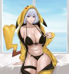  1girl absurdres bangs black_bra black_panties blue_eyes bra breasts cleavage eyebrows_visible_through_hair gcg gen_1_pokemon girls&#039;_frontline highres indoors large_breasts looking_at_viewer navel open_clothes panties parted_lips pikachu pikachu_costume pikachu_hood pokemon rpk-16_(girls&#039;_frontline) short_hair sideboob silver_hair sitting smile solo thigh_strap underboob underwear window 