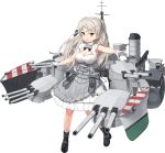  1girl black_footwear blush boots breasts brown_eyes cleavage conte_di_cavour_(kancolle) dress full_body grey_hair high_heel_boots high_heels jiji kantai_collection large_breasts long_hair long_sleeves machinery official_art open_mouth remodel_(kantai_collection) rigging smile solo transparent_background turret white_dress 