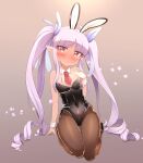  1girl animal_ears black_leotard bow bowtie brown_eyes commentary_request detached_collar fake_animal_ears flat_chest high_heels highres kyouka_(princess_connect!) leotard light_purple_hair looking_at_viewer matatabi_(2ccp) pantyhose playboy_bunny pointy_ears princess_connect! purple_bow rabbit_ears side-tie_leotard solo thigh_gap twintails wrist_cuffs 