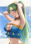  1girl alternate_costume arms_up bangs bikini blue_bikini blue_swimsuit border breasts cleavage earring_removed fire_emblem fire_emblem:_the_blazing_blade fire_emblem_heroes flower frills green_eyes green_hair hair_flower hair_ornament hair_tie hair_tie_in_mouth highres homomomomon large_breasts long_hair looking_at_viewer lyn_(fire_emblem) mouth_hold navel pendant_choker ponytail sky solo swimsuit tassel tying_hair upper_body very_long_hair water_drop wet white_border 