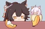  1other 2girls ahoge banana bandaid bandaid_on_nose biwa_hayahide_(racehorse) biwa_hayahide_(umamusume) black_hair chibi creature_and_personification ear_ornament food fruit glasses gomashio_(goma_feet) hair_between_eyes jitome multiple_girls narita_brian_(umamusume) pink_hair semi-rimless_eyewear umamusume yellow_eyes |_| 