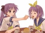  2girls :d bangs black_ribbon bow bow_hairband cake closed_eyes cup feeding food from_side hair_bow hair_ribbon hairband hiiragi_kagami hiiragi_tsukasa holding long_hair looking_at_another lucky_star mug multiple_girls neckerchief open_mouth plate purple_hair ribbon ryouou_school_uniform school_uniform serafuku shirt short_hair short_sleeves siblings simple_background sisters smile table tanupon twins twintails upper_body white_background white_shirt yellow_bow yellow_hairband yellow_neckwear 