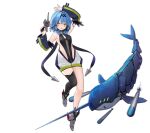  1girl arm_behind_head azur_lane black_legwear black_swimsuit blue_hair breasts detached_sleeves expressions gun highres holding holding_gun holding_weapon mechanical_animal medium_hair narwhal nautilus_(azur_lane) official_art one-piece_swimsuit rudder_footwear single_thighhigh skin_tight small_breasts solo suisai swimsuit thighhighs transparent_background underwater weapon yellow_eyes 