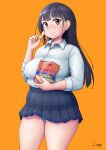  1girl arm_up bangs blue_panties blue_skirt blush boku_no_kokoro_no_yabai_yatsu breasts brown_eyes chips closed_mouth commentary_request cowboy_shot dot_nose eyebrows_visible_through_hair food highres holding holding_food long_hair looking_at_viewer looking_to_the_side muffin_top orange_background panties panty_peek pleated_skirt plump potato_chips shadow shigekikkusu shiny shiny_hair shirt sidelocks signature skirt solo straight_hair tareme thick_thighs thighs underwear white_shirt wing_collar yamada_anna 