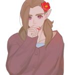  1boy brown_hair covering_mouth flower hair_flower hair_ornament hand_up long_hair looking_at_viewer luozhu_(the_legend_of_luoxiaohei) mandudaein pointy_ears red_eyes red_flower red_sweater shadow simple_background solo sweater the_legend_of_luo_xiaohei upper_body white_background 