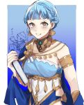  1boy 1girl alternate_costume animal armlet armor bags_under_eyes bangs blue_dress blue_hair blunt_bangs book braid breasts brown_eyes chibi collar collarbone commentary_request crown_braid crying dancer dancer_(three_houses) dress earrings fire_emblem fire_emblem:_three_houses fire_emblem_heroes gatekeeper_(fire_emblem) helmet highres holding holding_book jewelry marianne_von_edmund medium_breasts musical_note official_alternate_costume open_mouth seinikuten shawl short_hair shoulder_armor sleeveless sleeveless_dress smile sweatdrop tears teeth upper_body 