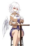  1girl braid chair cup eyebrows_visible_through_hair feathered_wings highres holding holding_cup jacket kishin_sagume long_sleeves purple_skirt raptor7 red_eyes short_hair simple_background single_wing sitting skirt solo touhou white_background white_hair white_jacket wings 