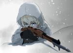  1girl aiming bangs bayonet black_gloves blue_eyes bolt_action coat commentary_request eyebrows_visible_through_hair girls_und_panzer gloves gun holding holding_gun holding_weapon hood hood_up hooded_coat korean_commentary long_sleeves looking_at_viewer rifle shadow short_hair silver_hair snow solo weapon weapon_request white_coat youko_(girls_und_panzer) yu_arin 