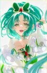  1girl akimoto_komachi cure_mint detached_sleeves dress earrings galibo green_eyes green_hair hand_on_own_chest highres jewelry precure strapless strapless_dress yes!_precure_5 