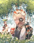  2girls :o animal_ears animal_feet animal_on_head backpack bag bendy_straw black_dress black_sweater_vest blonde_hair blue_eyes branch calico cat cat_ear_headphones cat_ears cat_on_head cat_tail collared_shirt commentary_request dress drink drinking_straw eye_contact fish flower from_side grey_background hand_up headphones highres holding holding_carton holding_drink holding_leaf id_card leaf leaf_umbrella long_hair long_sleeves looking_at_another medium_hair milk milk_carton minigirl mouth_hold multiple_girls multiple_sources oimo_imoo on_animal on_head open_bag original outdoors parted_lips paw_print plant print_bag profile red_flower red_ribbon ribbon shirt sweater_vest tail tail_ornament tail_ribbon vines white_flower white_hair white_shirt white_tail wide_sleeves wing_collar 