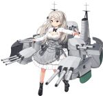  1girl black_footwear blush boots breasts brown_eyes cleavage closed_mouth conte_di_cavour_(kancolle) dress full_body grey_hair high_heel_boots high_heels jiji kantai_collection large_breasts long_hair long_sleeves machinery official_art rigging smile solo transparent_background turret white_dress 