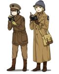  2girls absurdres adrian_helmet anyan_(jooho) bag black_hair blonde_hair blue_eyes boots brown_coat brown_eyes brown_footwear brown_headwear brown_jacket brown_pants coat commentary_request english_text full_body grey_headwear hat helmet highres holding holding_notebook holding_pen jacket korean_commentary long_sleeves military military_uniform multiple_girls multiple_sources notebook open_mouth original pants pen satchel short_hair simple_background smile standing tongue tongue_out trench_coat uniform united_states_army white_background writing 