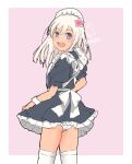  1girl alternate_costume apron ass black_dress blonde_hair border commentary_request dress enmaided frilled_apron frills green_eyes highres kantai_collection long_hair looking_at_viewer maid maid_apron maid_headdress mochizou one-hour_drawing_challenge open_mouth panties pink_background ro-500_(kancolle) solo tan thighhighs two-tone_background underwear upper_teeth white_apron white_border white_legwear white_panties 
