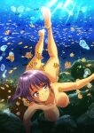  1girl absurdres air_bubble bangs barefoot blush breasts brown_eyes bubble butterflyfish completely_nude coral eyebrows_visible_through_hair feet fish freediving highres holding_breath hotohori_rushia jellyfish large_breasts light_rays nipples nude ocean ocean_bottom original purple_hair rock school_of_fish side_ponytail smile soles summer sunlight swimming underwater water 