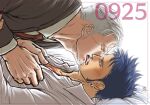  2boys beard black_hair black_shirt blush couple dark-skinned_male dark_skin eye_contact facial_hair french_kiss goatee half-closed_eyes kiss kokorozashi long_sideburns looking_at_another lying male_focus mature_male messy_hair multiple_boys on_back on_bed one_piece open_clothes open_shirt shirt short_hair sideburns smile smoker_(one_piece) stubble tongue trafalgar_law undressing_another white_hair yaoi 