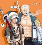  2boys ? bare_pectorals beard black_hair cigar facial_hair goatee height_difference jacket kokorozashi long_sideburns looking_at_another male_focus mature_male military military_uniform multiple_boys muscular muscular_male one_piece open_clothes open_jacket open_shirt over_shoulder pectorals short_hair sideburns smoker_(one_piece) smoking stubble sword sword_over_shoulder trafalgar_law uniform upper_body weapon weapon_over_shoulder white_hair 
