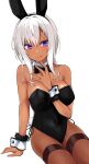  1girl :q animal_ears bare_shoulders between_breasts black_leotard bow bowtie breasts closed_mouth covered_navel dark-skinned_female dark_skin detached_collar fake_animal_ears fishnet_legwear fishnets gomashi_(goma) hairband hand_up large_breasts leotard looking_at_viewer mole mole_under_mouth original playboy_bunny purple_eyes rabbit_ears short_hair simple_background smile solo strapless strapless_leotard thighhighs tongue tongue_out white_background white_hair wrist_cuffs 